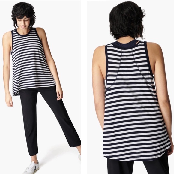 SWEATY BETTY Easy Peazy Top Navy & White Stripe Women's Size L Sleeveless Swing - Picture 1 of 11